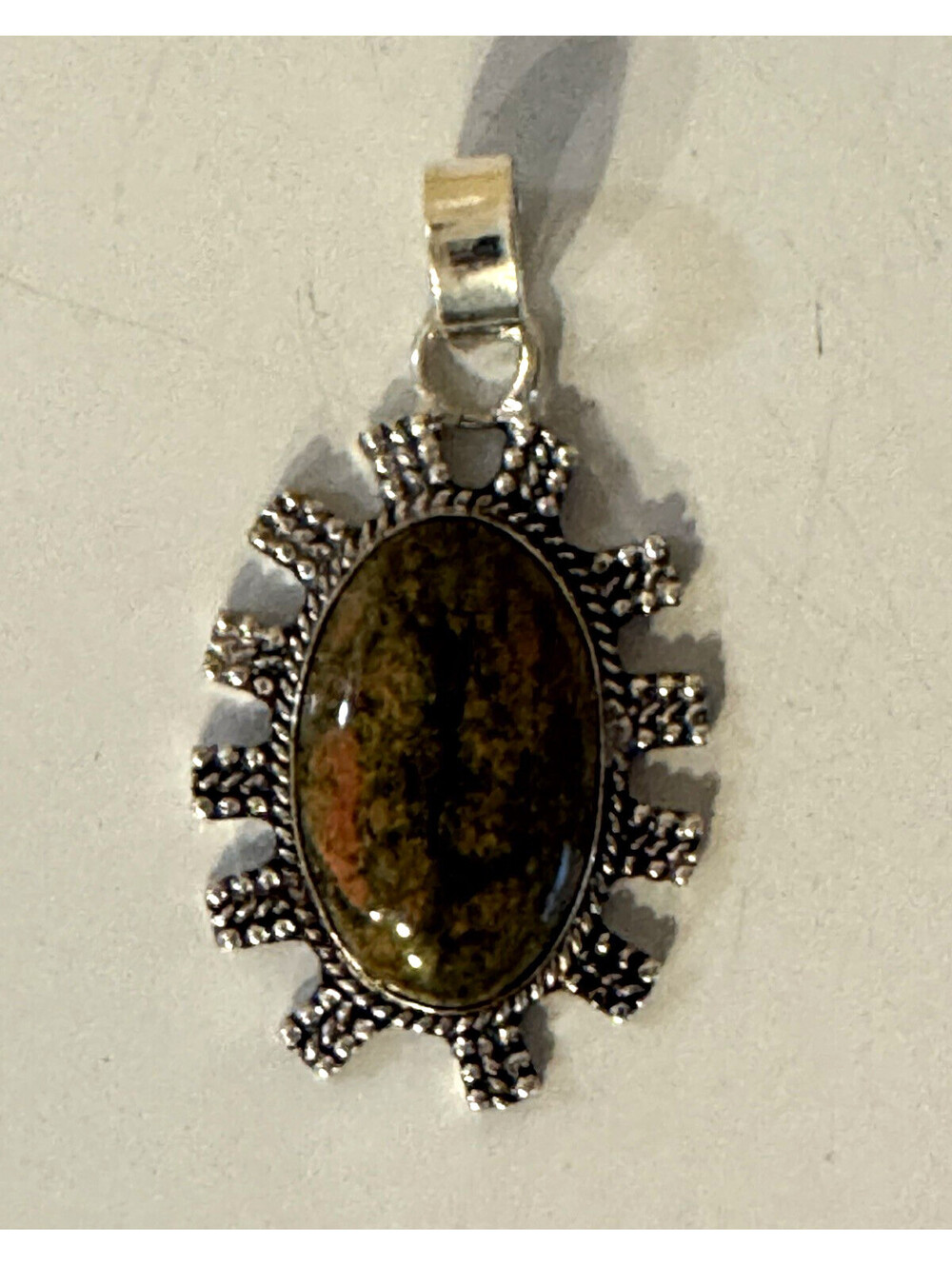 Unakite Jasper 925 Sterling Silver Oval Sunburst Pendant 2.25” Boho